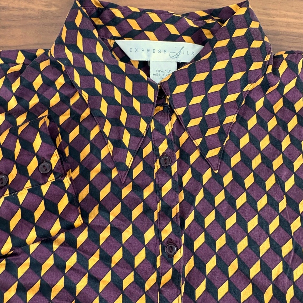 Express Silk Small Purple Yellow Geometric 3D‎ Cube Button Down Shirt Blouse